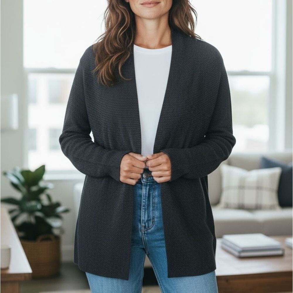Eileen Fisher wool open cardigan dark gray black Italian Yarn Large boho flaw